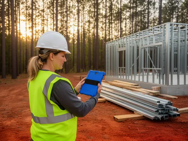 Building contractor in a hard hat and safety vest reviewing plans on a tablet at a steel-frame jobsite