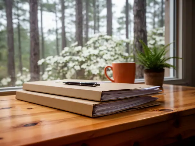 Two kraft file folders with a pen on a knotty-pine desk by a window with a mug and a fern