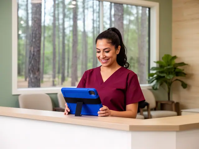 Dental practice office manager in wine-red scrubs reviewing a tablet at the reception counter