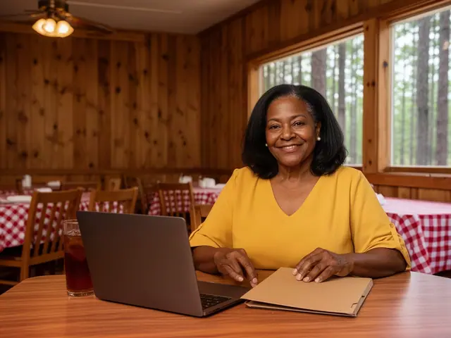 Smiling woman in a mustard blouse at a table with a laptop and folder in a knotty-pine dining room with checked tablecloths